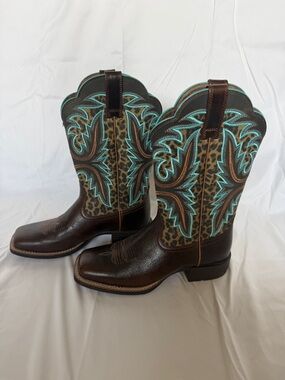 Lariat Brown Leather Cowboy Boots with Turquoise Stitching and Leopard Panels